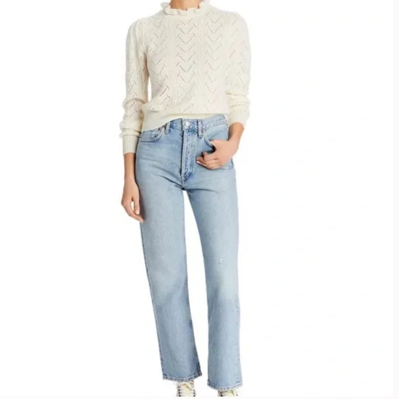 AQUA 100% Cashmere White Cropped Sweater Puff Sleeve Pointelle Knit XS - Picture 13 of 13